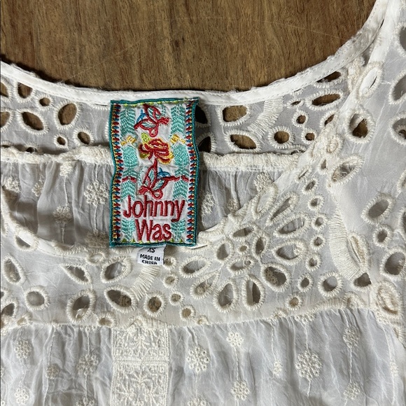 Johnny Was great shape eyelet embroidered cream ruffle sleeves plaid blouse top - Picture 4 of 8